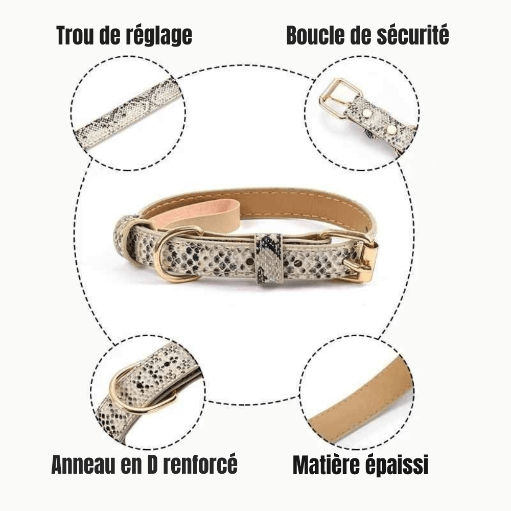 Quatre détails pointés sur le modèle motif serpent : trou de réglage, boucle de sécurité, anneau en D renforcé et matière épaisse