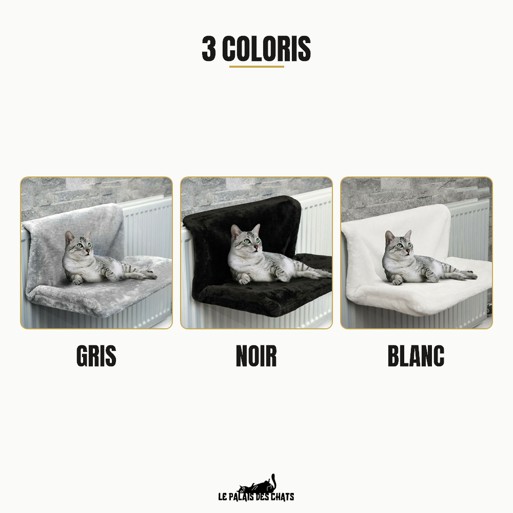 Les 3 coloris du lit de radiateur pour chat L'Âtre Royal : Gris, Noir et Blanc, présentés côte à côte
