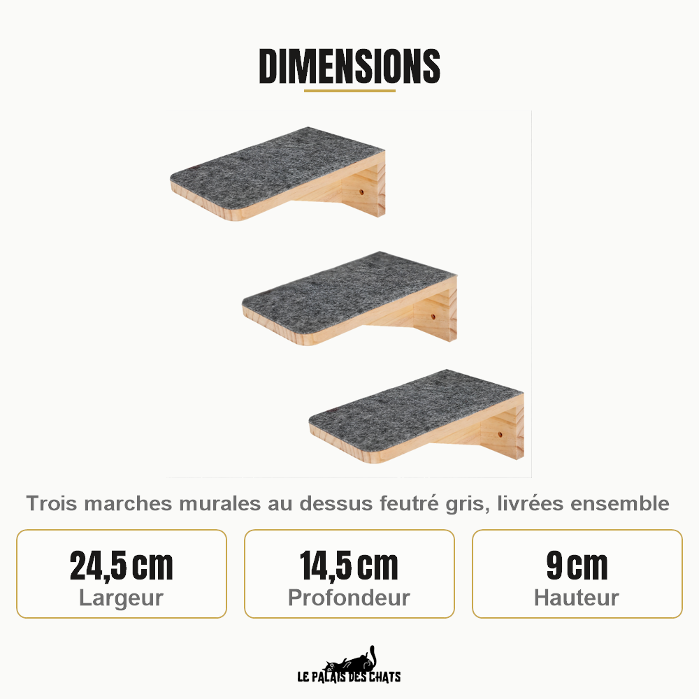 Dimensions de chaque marche : 24,5 cm de large, 14,5 cm de profondeur, 9 cm de haut
