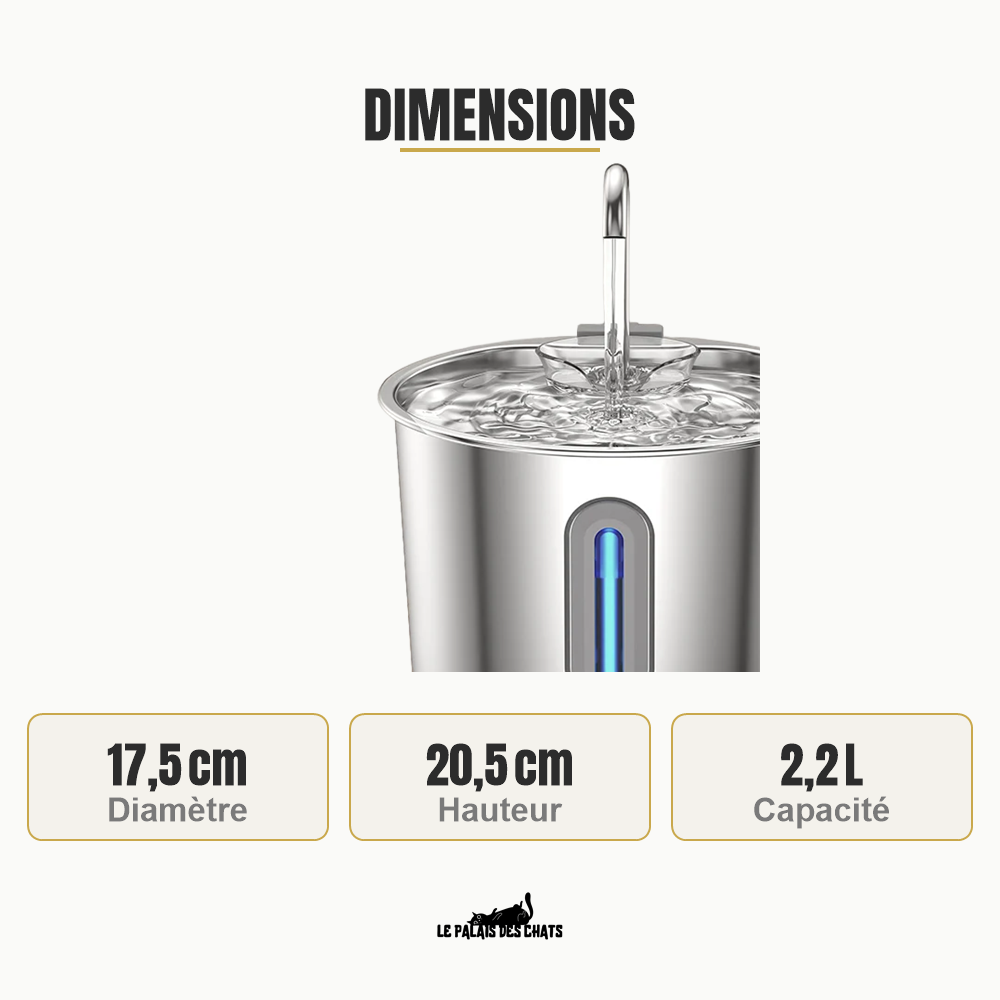 Dimensions fontaine à eau chat inox 2,2 L : 17,5 cm de diamètre, 20,5 cm de hauteur