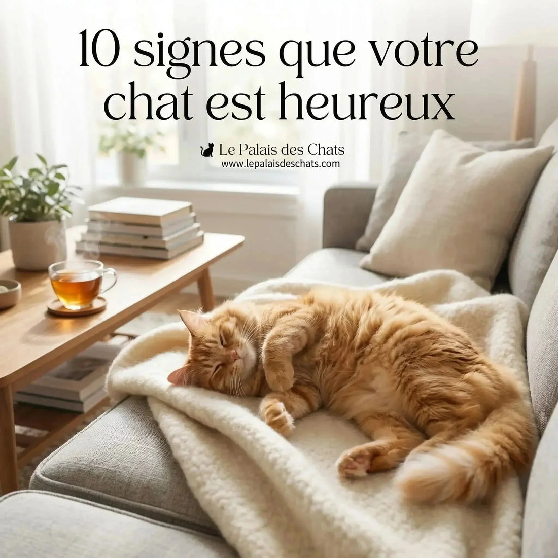Chat roux endormi sur un plaid dans un salon douillet, illustration des 10 signes qui montrent qu'un chat est heureux