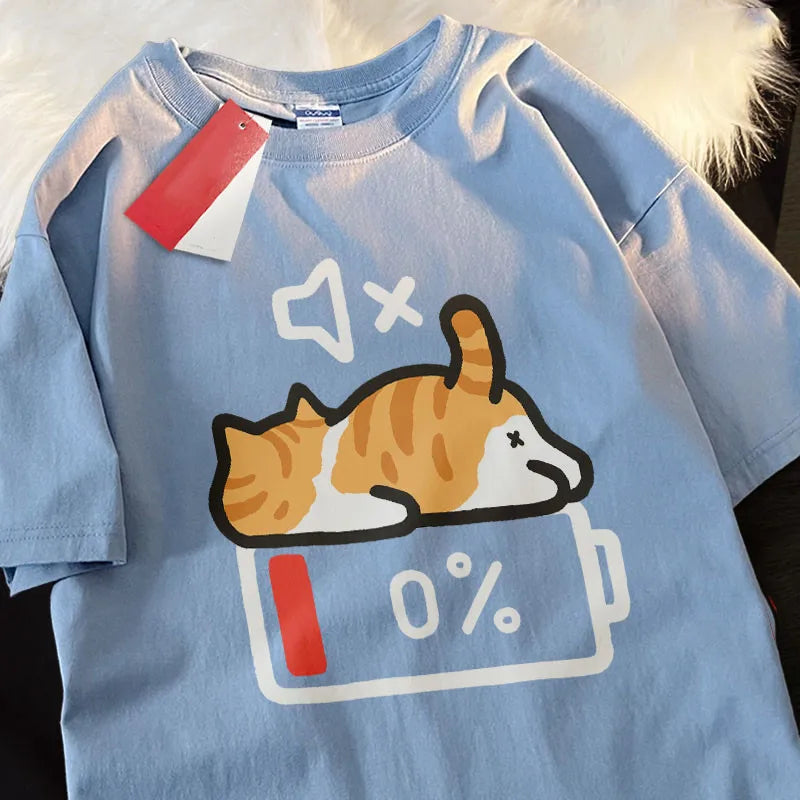 T-shirt chat Mode Sieste coloris bleu ciel, imprimé chat batterie 0 %