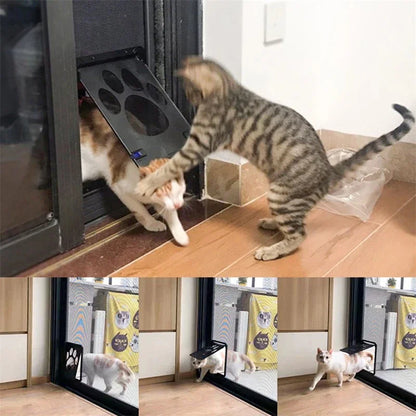 Chat franchissant une chatière pour moustiquaire posée dans une porte moustiquaire, face à un chat tigré