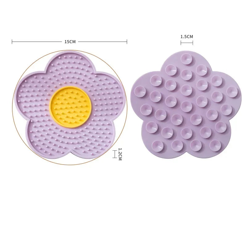 Tapis de léchage pour chat violet à cœur jaune, face à picots et dos à ventouses, 15 cm de diamètre