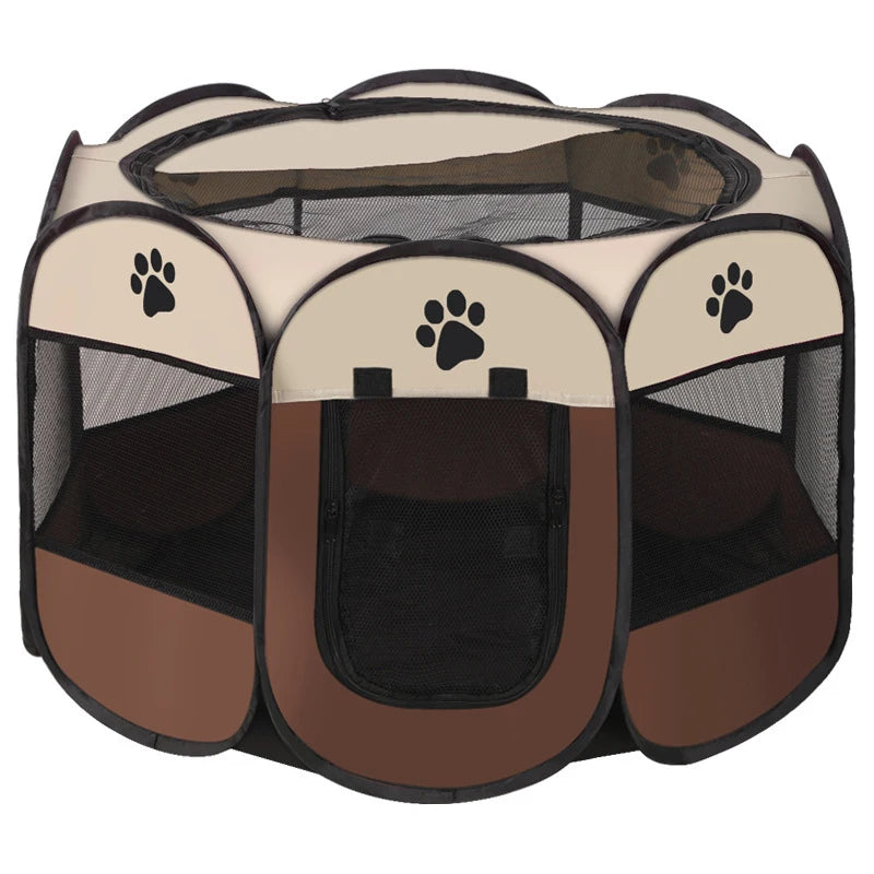 Parc pliable octogonal pour chat taupe et crème, bande ornée d'empreintes de pattes, vu de face