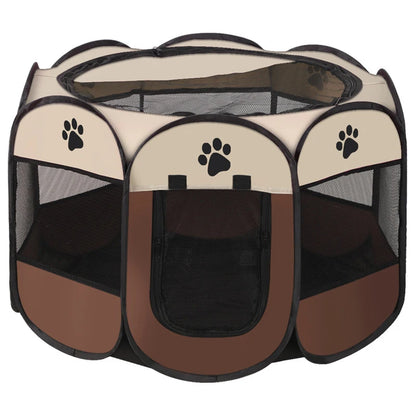 Parc pliable octogonal pour chat taupe et crème, bande ornée d'empreintes de pattes, vu de face
