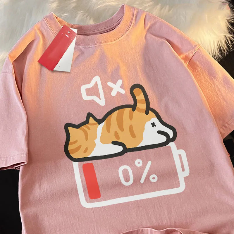 T-shirt chat Mode Sieste coloris rose, imprimé chat batterie 0 %