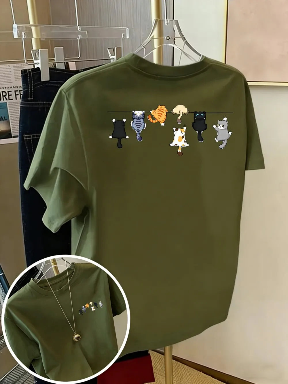 T-shirt chat coton imprimé chatons, coloris kaki