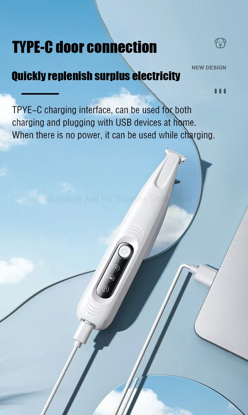 Tondeuse de pattes pour chat en recharge, câble branché sur son port USB-C