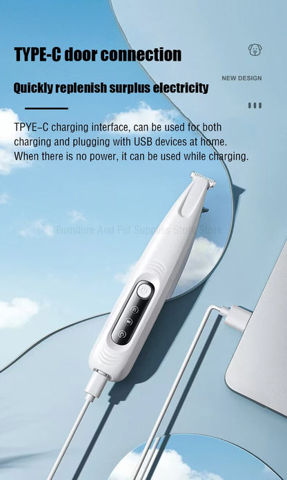 Tondeuse de pattes pour chat en recharge, câble branché sur son port USB-C