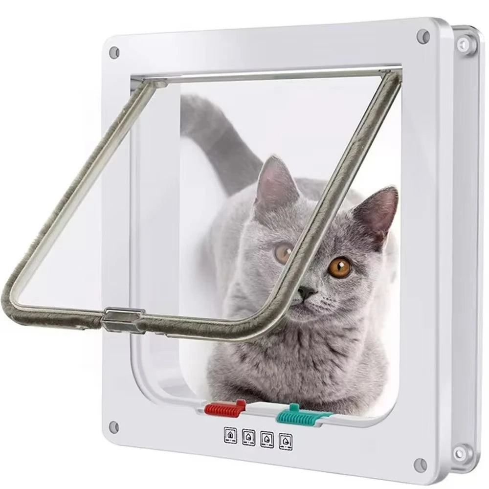 Chatière pour porte coloris Blanc, chat gris derrière le cadre, volet ouvert, prêt à passer