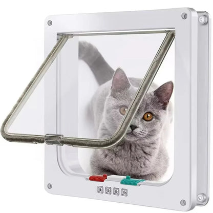 Chatière pour porte coloris Blanc, chat gris derrière le cadre, volet ouvert, prêt à passer