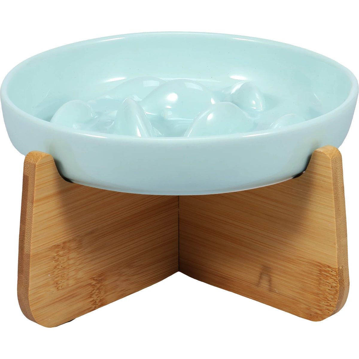 Gamelle anti-glouton pour chat en céramique coloris Vert d'eau, poissons en relief, sur son support en bois