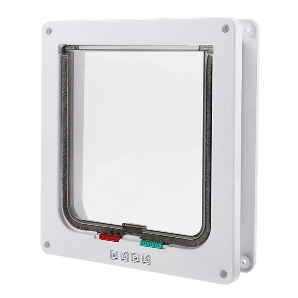 Chatière manuelle 4 positions pour porte, coloris Blanc, volet transparent fermé et curseurs de réglage rouge et turquoise