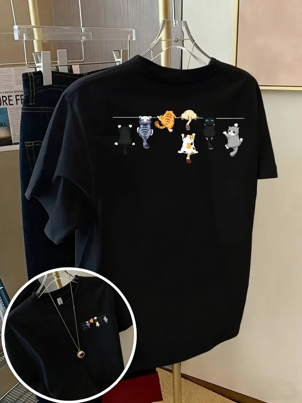 T-shirt chat coton imprimé chatons, coloris noir
