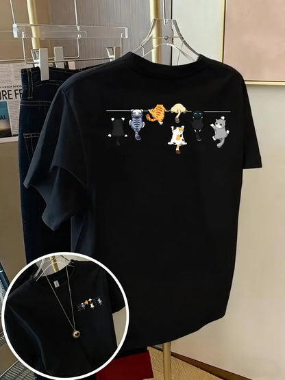 T-shirt chat coton imprimé chatons, coloris noir