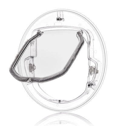 Chatière ronde transparente pour vitre L'Œil-de-Bœuf, rabat entrouvert bordé d'une brosse grise