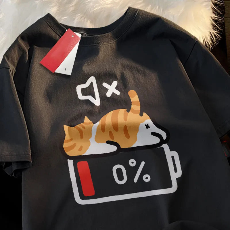 T-shirt chat Mode Sieste coloris noir, imprimé chat batterie 0 %