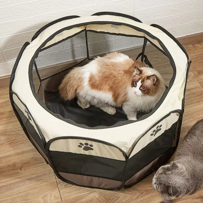 Parc pour chat taupe et crème, toit ouvert, un chat installé à l'intérieur et un second chat à côté du parc