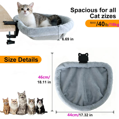 Dimensions du lit de bureau pour chat : 44 cm de large, 46 cm hors tout plaque comprise, 17 cm de creux