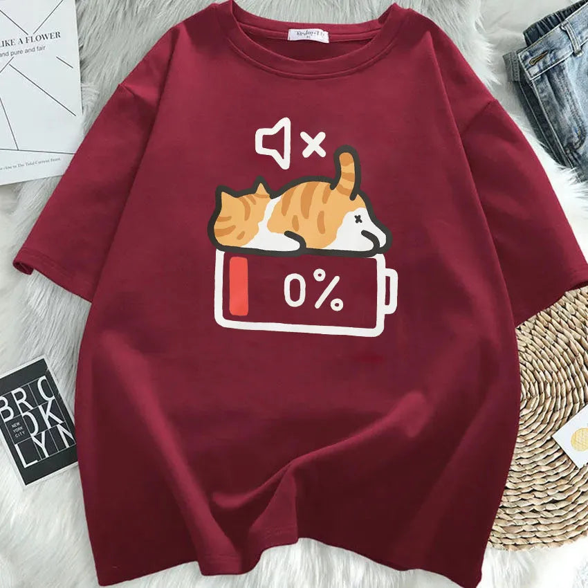 T-shirt chat Mode Sieste coloris bordeaux, imprimé chat batterie 0 %