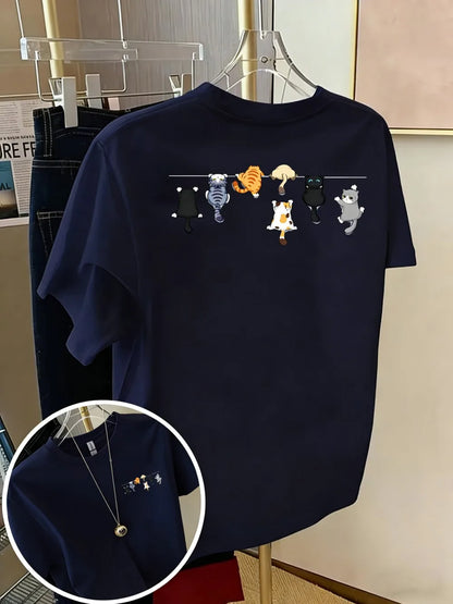 T-shirt chat coton imprimé chatons, coloris bleu marine