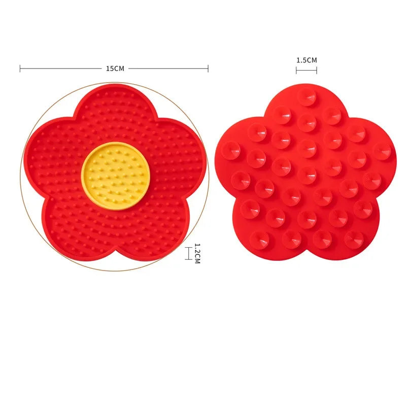 Tapis de léchage pour chat rouge à cœur jaune, face à picots et dos à ventouses, 15 cm de diamètre