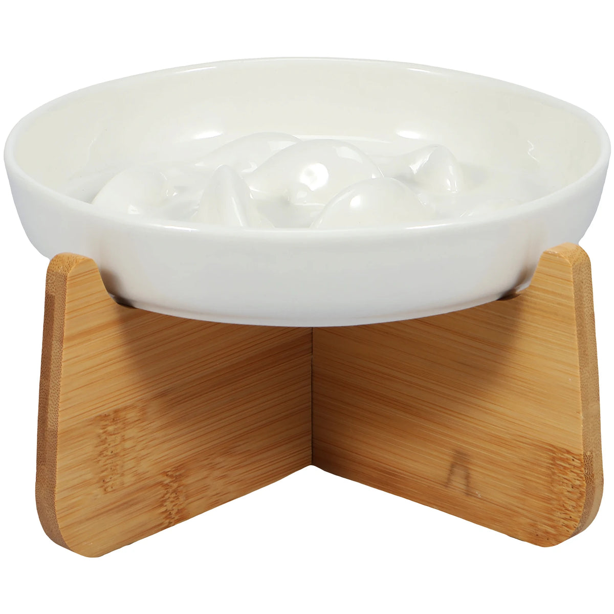Gamelle anti-glouton pour chat en céramique coloris Blanc, poissons en relief, sur son support en bois en croix
