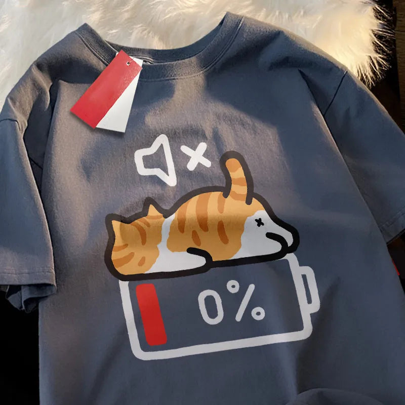 T-shirt chat Mode Sieste coloris bleu marine, imprimé chat batterie 0 %