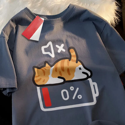 T-shirt chat Mode Sieste coloris bleu marine, imprimé chat batterie 0 %