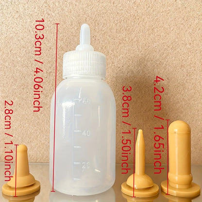 Dimensions du biberon pour chaton 60 ml : 10,3 cm de haut, tétine montée, tétines de 2,8 cm, 3,8 cm et 4,2 cm
