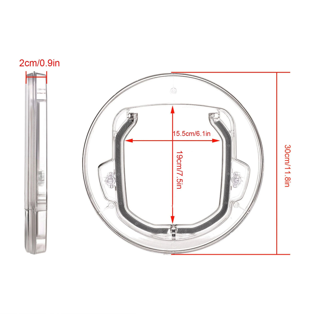 Dimensions de la chatière ronde pour vitre L'Œil-de-Bœuf, vue de face et de profil
