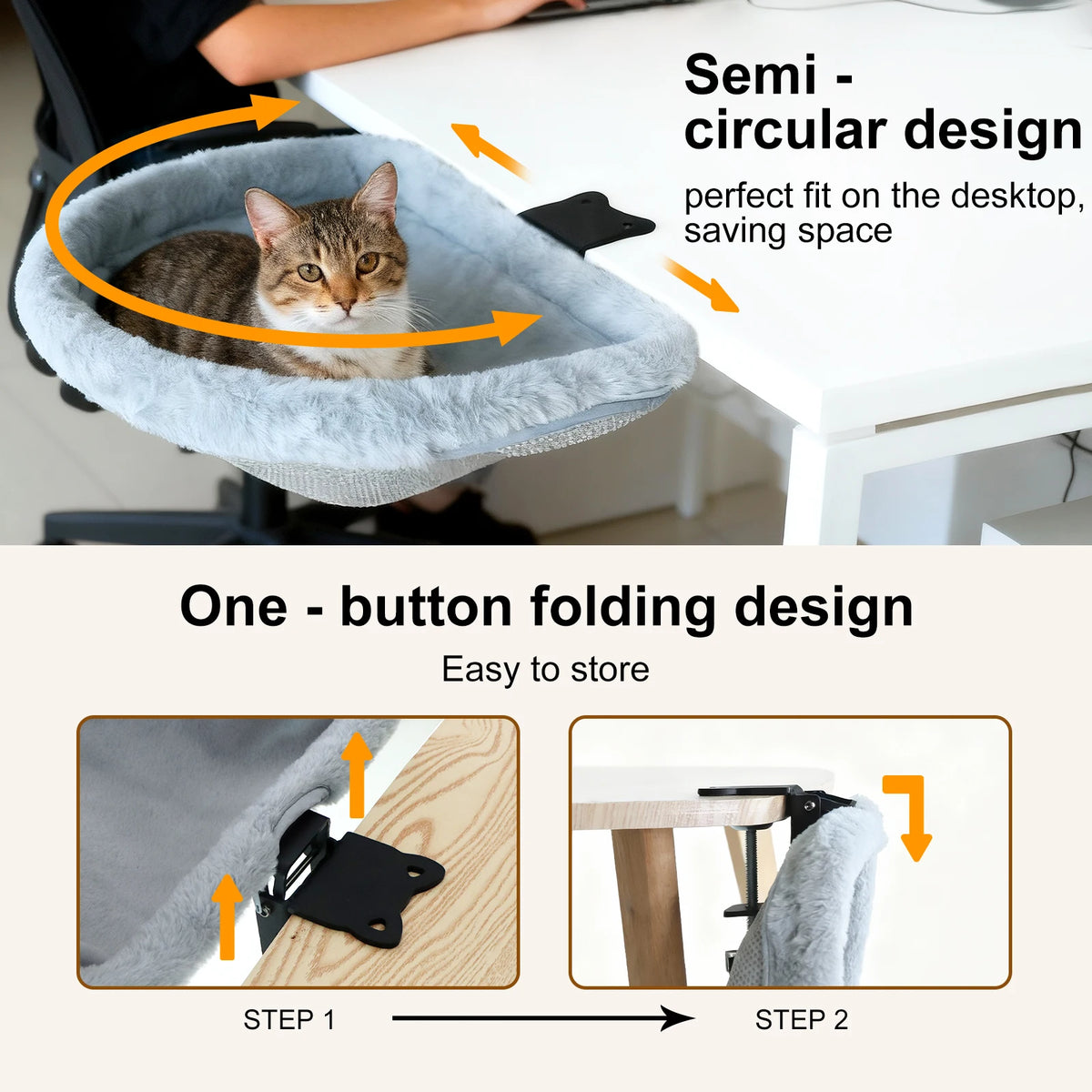 Lit de bureau pour chat en demi-cercle contre un bureau blanc, et les deux étapes pour le replier vers le bas