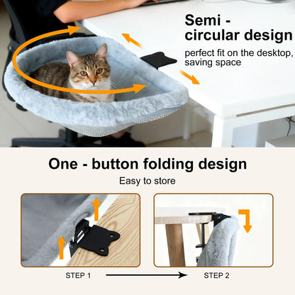 Lit de bureau pour chat en demi-cercle contre un bureau blanc, et les deux étapes pour le replier vers le bas