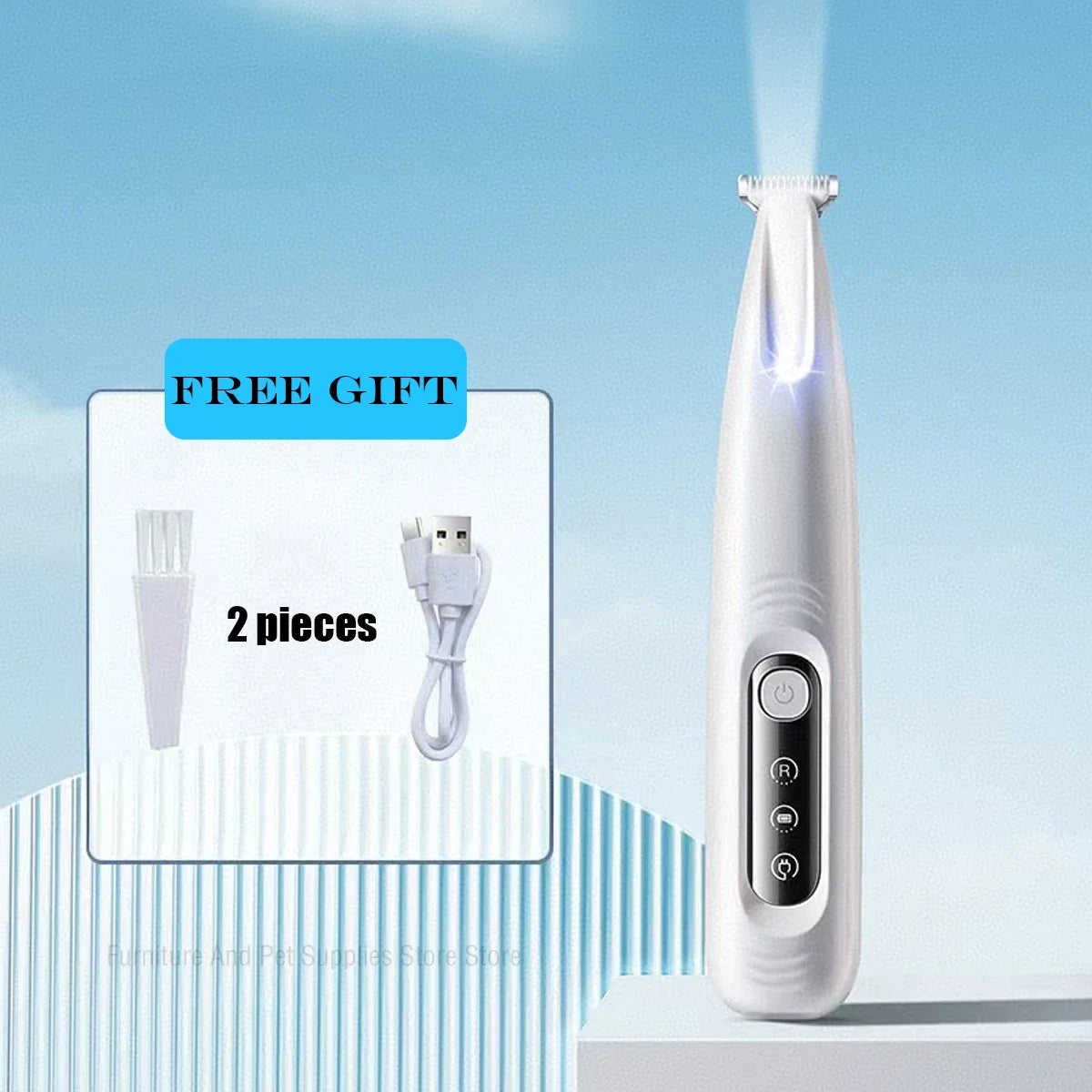 Tondeuse de pattes pour chat à LED Le Pédicure Royal, blanche, vue de face, avec sa brosse et son câble de charge