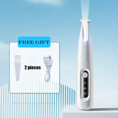 Tondeuse de pattes pour chat à LED Le Pédicure Royal, blanche, vue de face, avec sa brosse et son câble de charge