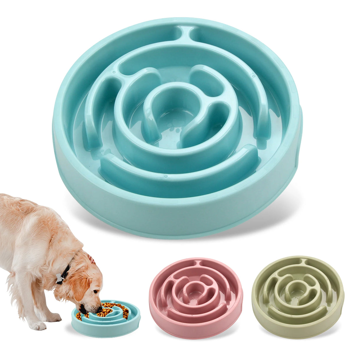Gamelle anti-glouton pour chat à labyrinthe en trois coloris : Bleu, Rose et Vert