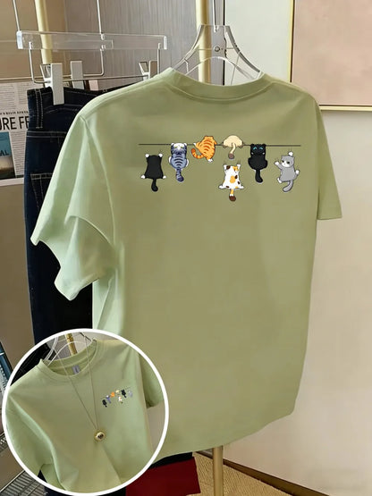 T-shirt chat coton imprimé chatons, coloris vert sauge