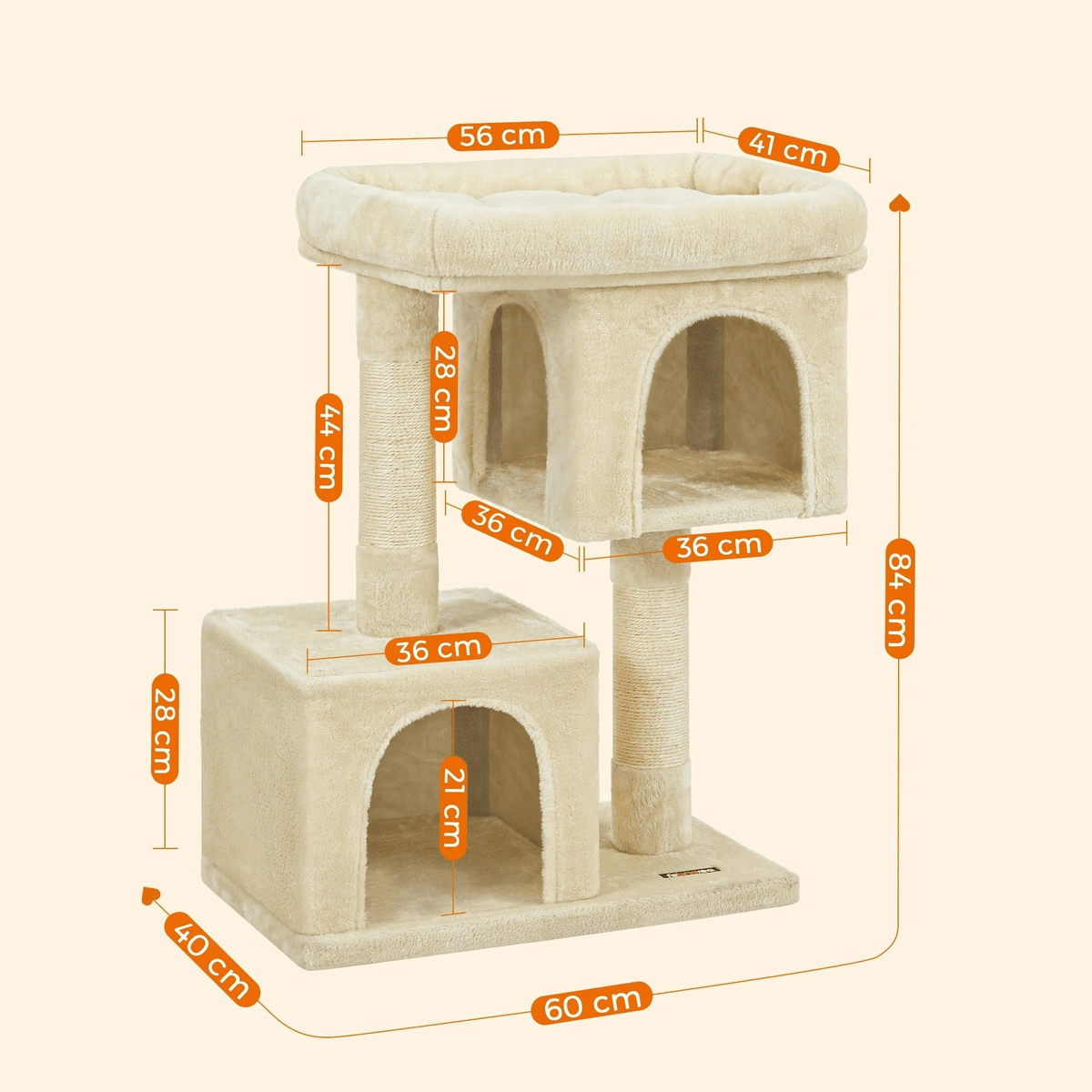 Dimensions de l'arbre à chat Doux Perchoir beige : 84 cm de haut, base de 60 x 40 cm, plateau de 56 x 41 cm