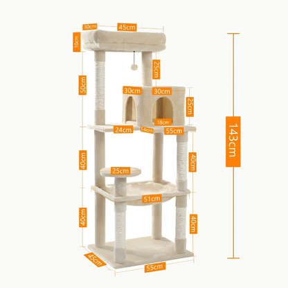 Schéma coté de l'arbre à chat beige : 143 cm de haut, base de 55 x 45 cm, niche, hamac, plateformes et poteaux à griffer en sisal