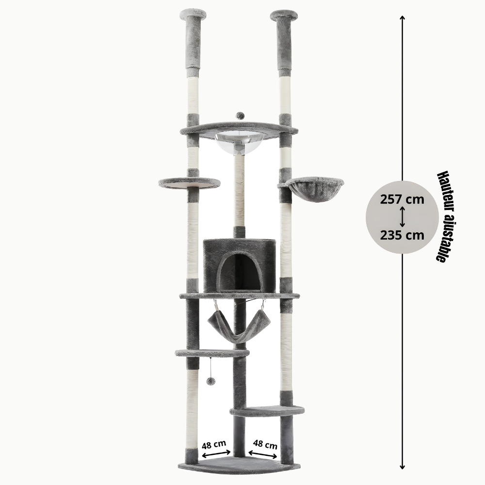 Arbre à chat gris vu de face avec ses cotes, hauteur ajustable de 235 à 257 cm et base de 48 sur 48 cm