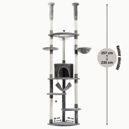 Arbre à chat gris vu de face avec ses cotes, hauteur ajustable de 235 à 257 cm et base de 48 sur 48 cm