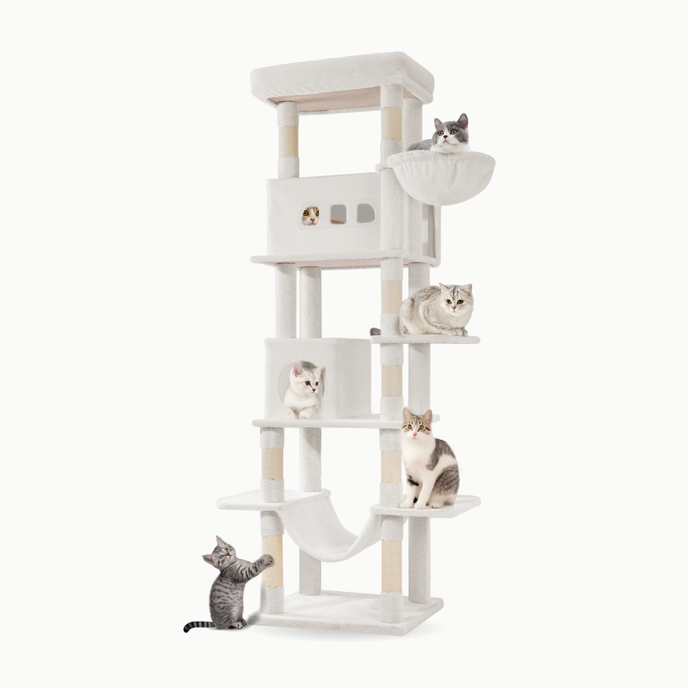 Arbre à chat très haut Le Belvédère Royal blanc, avec des chats dans le panier suspendu, dans les niches et sur les plateformes