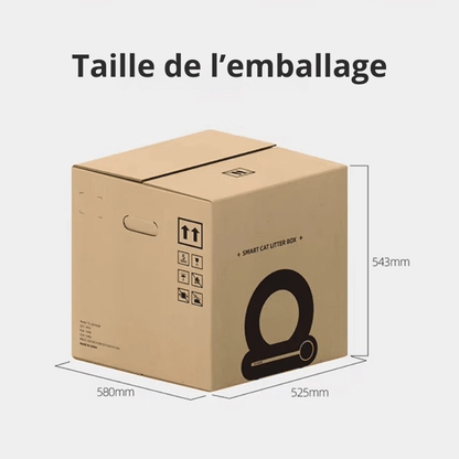 Taille de l'emballage du bac à litière Le Trône Connecté : carton de 580 mm sur 525 mm et 543 mm de haut