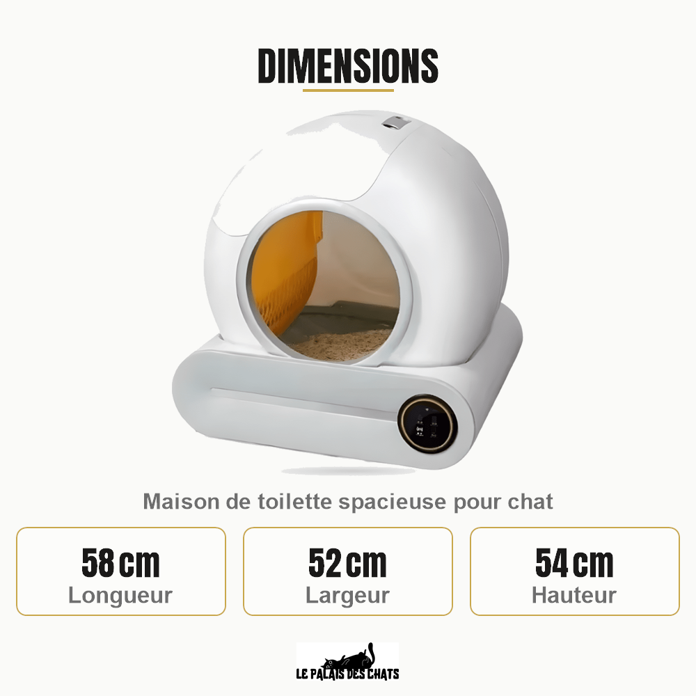 Dimensions de Le Trône Connecté : 58 cm Longueur, 52 cm Largeur, 54 cm Hauteur
