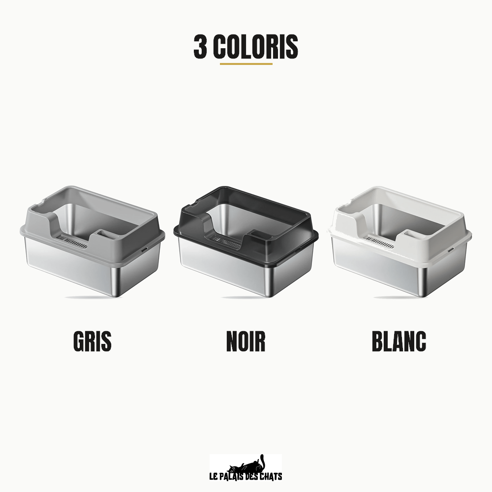 Bac à litière pour chat en acier inoxydable avec pelle Le Trône Royal, 3 coloris : gris, noir, blanc