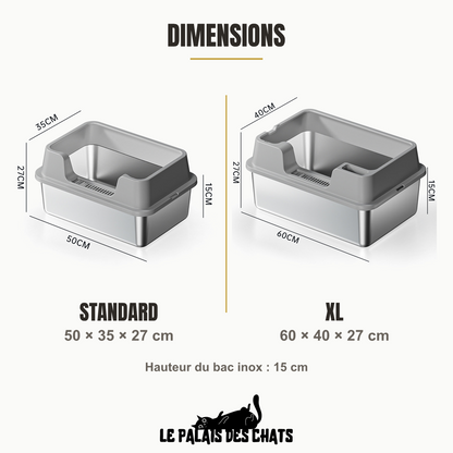 Bac à litière pour chat en acier inoxydable Le Trône Royal, dimensions : Standard 50 x 35 x 27 cm et XL 60 x 40 x 27 cm