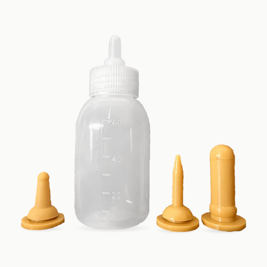 Biberon pour chaton 60 ml translucide, tétine montée, et ses trois tétines de rechange ambrées de formes différentes