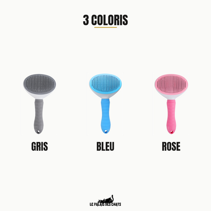 Les trois coloris de la brosse autonettoyante pour chat, gris, bleu et rose