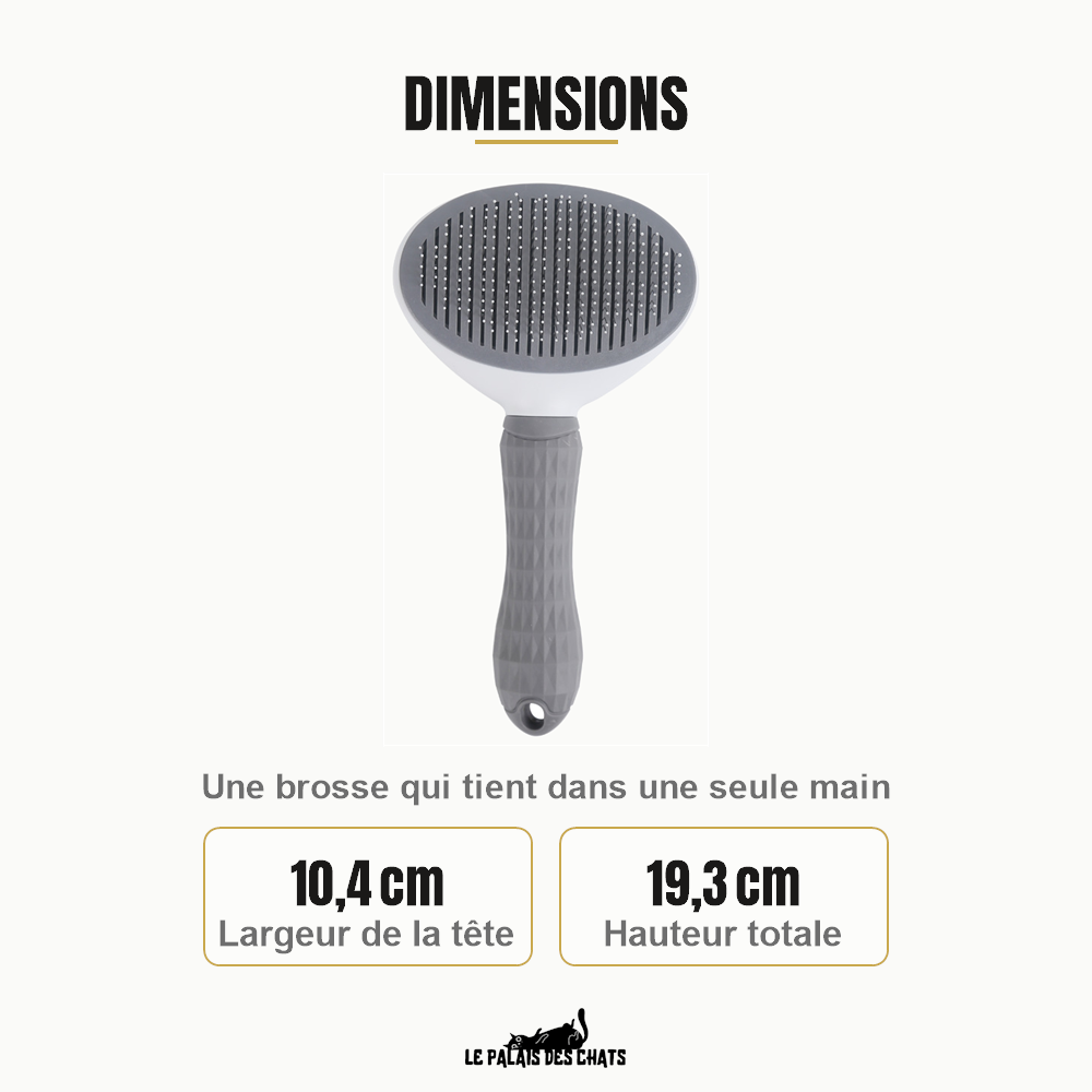 Dimensions de la brosse autonettoyante pour chat, tête de 10,4 cm et hauteur totale de 19,3 cm